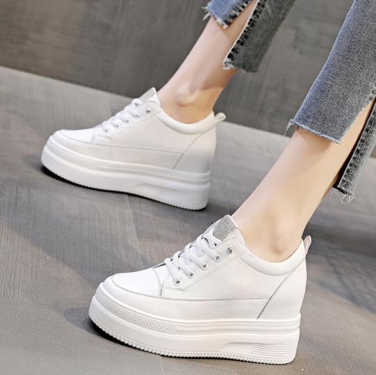Fashion 8.5cm Platform Wedge Sneakers Height Increased Shoes Genuine Leather for Women Spring Autumn Shoes White