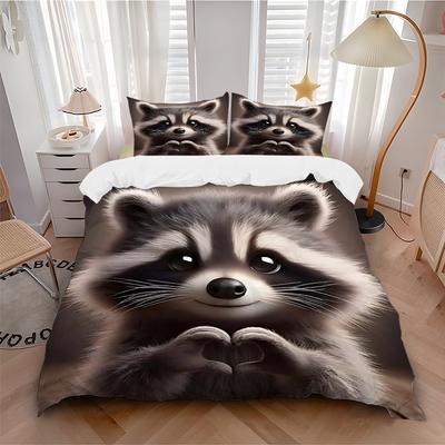 3pcs Raccoon with 1 Comforter and 2 Pillowcases (No Core) - Cute Animal for Bedroom, Festival Gift, Polyester Fabric, Anime Design, Suitable for Livin