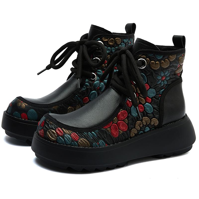 Fashion GKTINOO Genuine Leather Women Boots Retro Shoes 2024 New Autumn Winter Print Round Toe Lace-up Handmade Concise Platform Boots