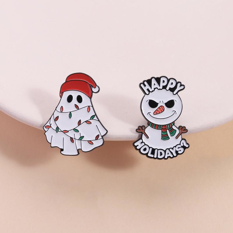 Happy Holidays Christmas Snowman Enamel Pins Halloween Ghost Santa Hat Brooches Lapel Badge Fashion Jewelry Gifts for Friends