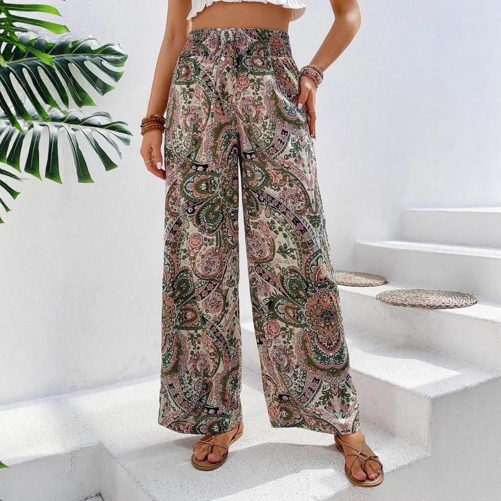 Summer New Fashion Versatile Printed Casual Wide Leg Pants for Women European American Style Ladies Bottoms