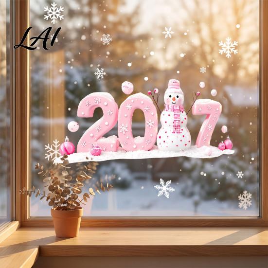 Festive Home Window Ornaments 2027 Christmas Static Clings Snowman Snowflake Holly Glass Stickers Clear Vivid Film Reusable Xmas Decals for