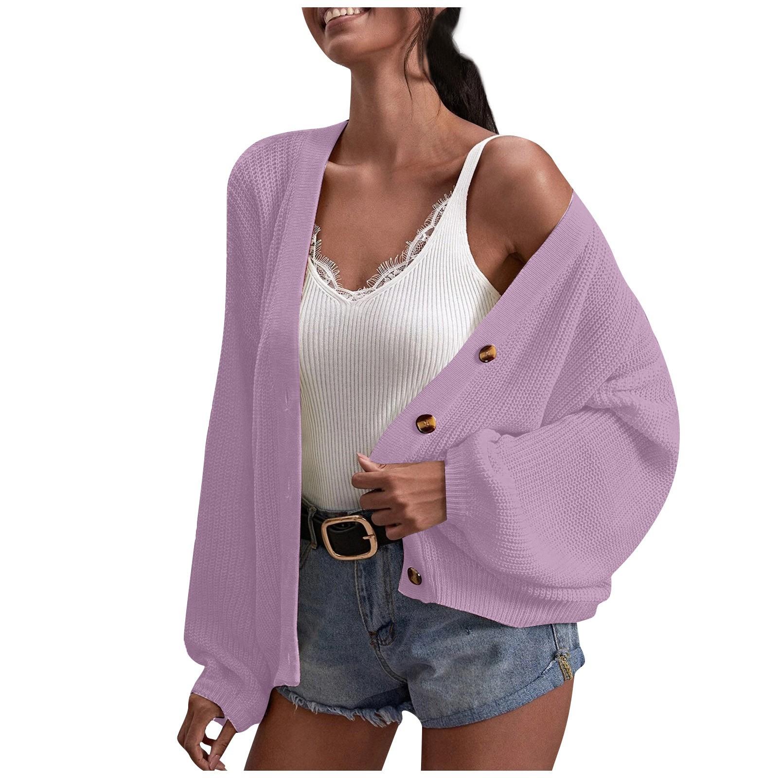 

Женская мода, повседневный однотонный кардиган с длинными рукавами и пуговицами на груди, топы, куртка L фиолетовый