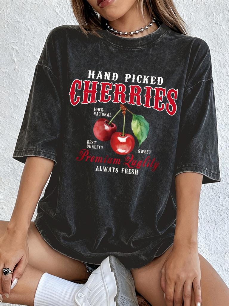 Hand Picked Cherries Fruits Printed Washed T-Shirt Women Cotton Oversized Tops Soft Distressed O-Neck T Shirt Summer Clothes