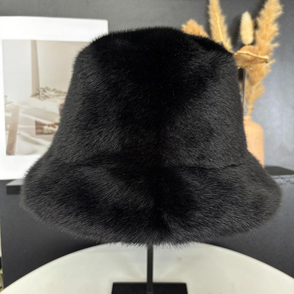 Plush Faux Mink Fur Bucket Hat for Girls - Solid Color, Thickened Velvet for Winter Warmth.