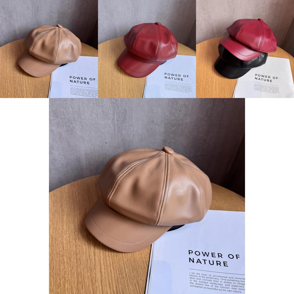 Pu Leather Octagonal Hat For Women With Sun Protection Chic Winter Fashion Accessory