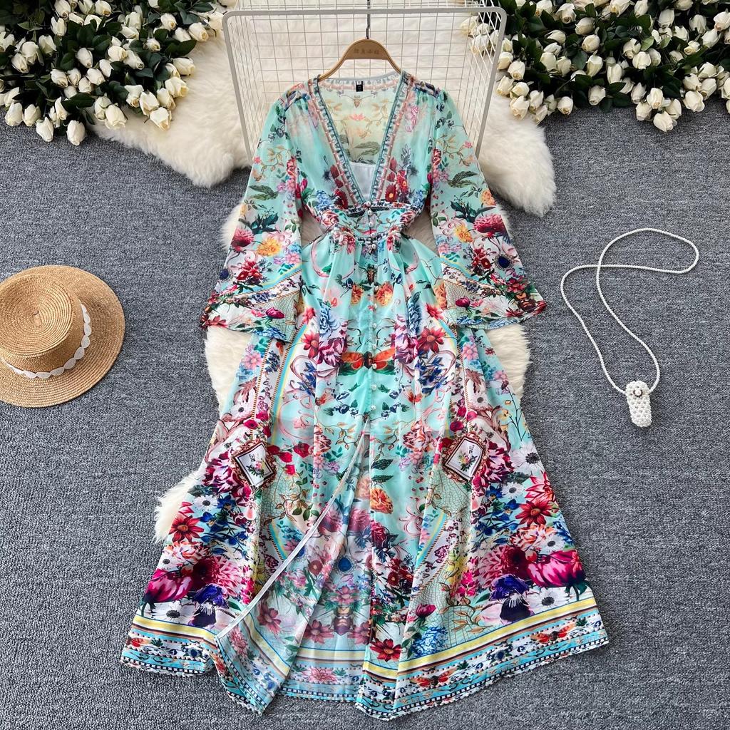 Spring Summer Bohemain Long Dress Women's V-Neck Flare Sleeve Floral Print Single Breasted High Waist A-Line Chiffon Vestidos
