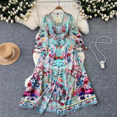 Frühling Sommer Bohemain Langes Kleid Damen V-Ausschnitt Schlagärmel Blumendruck Einreihig Hohe Taille A-Linie Chiffon Vestidos