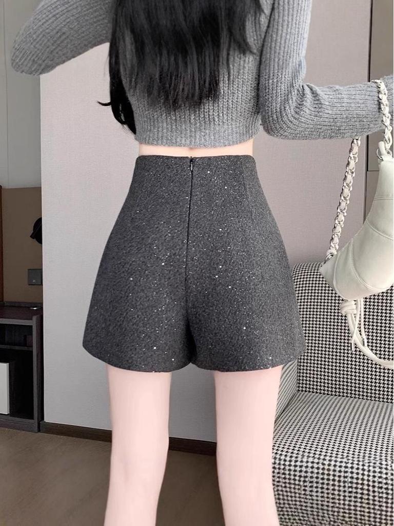 Women's Gray High-Waist Woolen Wide-Leg Pants: 2024 Autumn/Winter Slimming A-Line Shorts