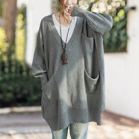 Women Sweater V-Neck Long Sleeve Sweater with Pockets Solid Color Loose Fit Long Hem Knitting Tops Autumn Winter Wear