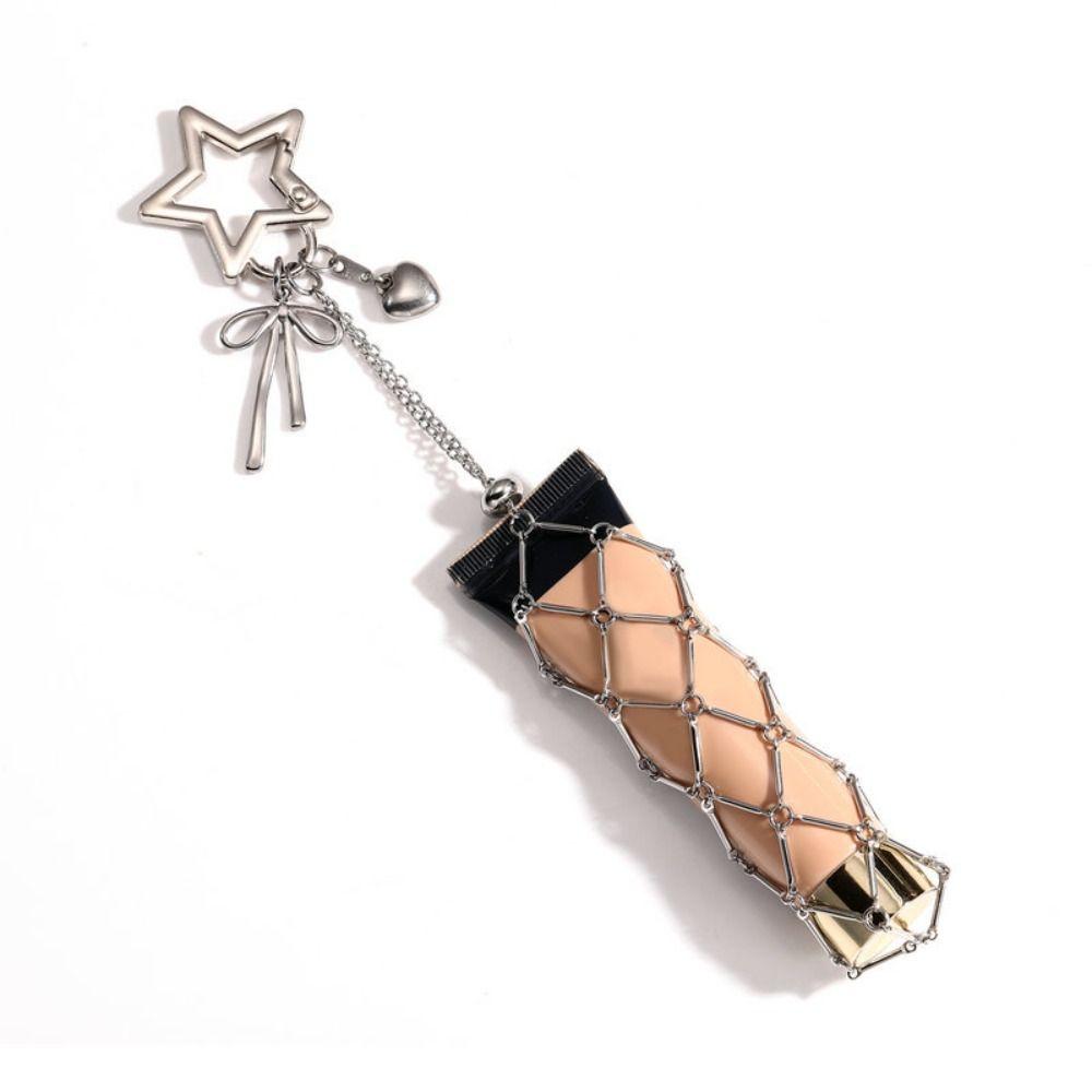 Portable Metal Net Lipstick Bag Silver Mini Lip Balm Bag Keychain with Mirror Universal Lipstick Cover Keychains Home