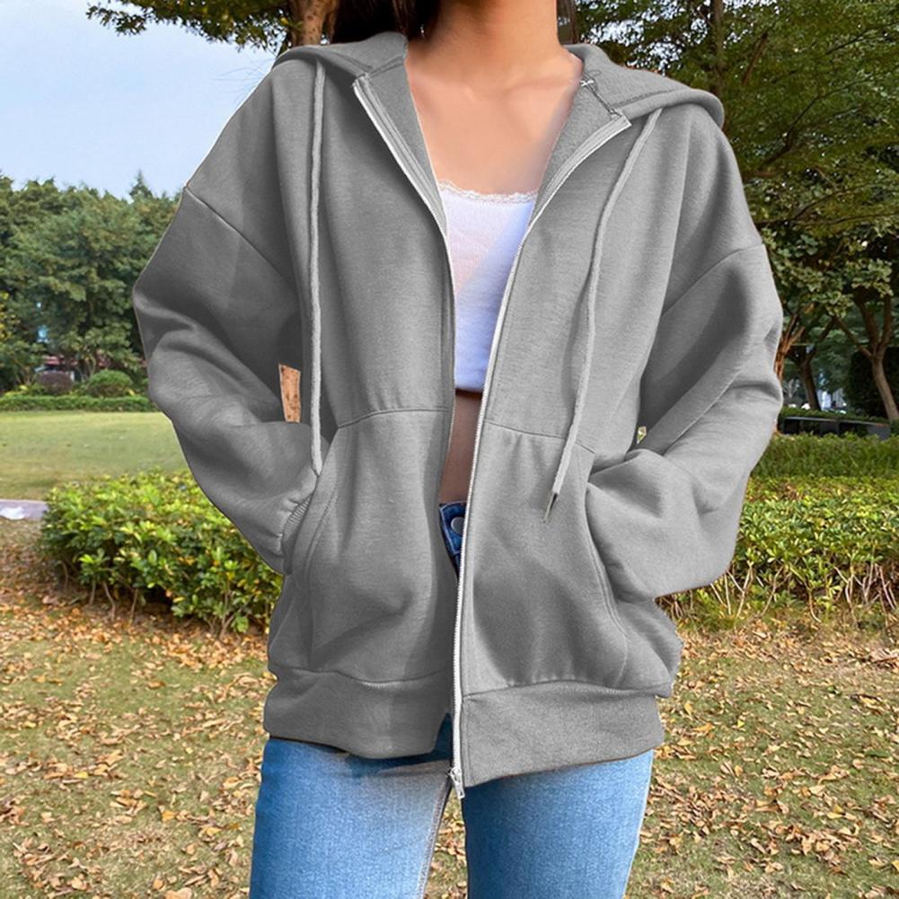 Ladies Fall Winter Coat Solid Color Loose Zip Up Pockets Long Sleeve Drawstring Hooded Elastic Cuff Lady Hoodie Jacket