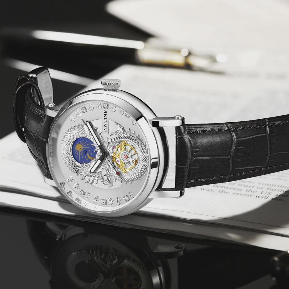 PINTIME Luxury Gold Stainless Watch Dragon Skeleton Mechanical Watch Men Moon Phase Tourbillon Wristwatch