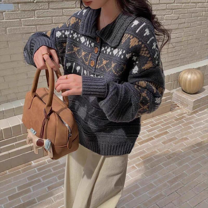 Elegant Printed Loose Knitted Women Sweater Autumn Winter Outer Wear Loose Thickened Sweaters Long Sleeve Casual Office Tops Simple Lapel Clothing