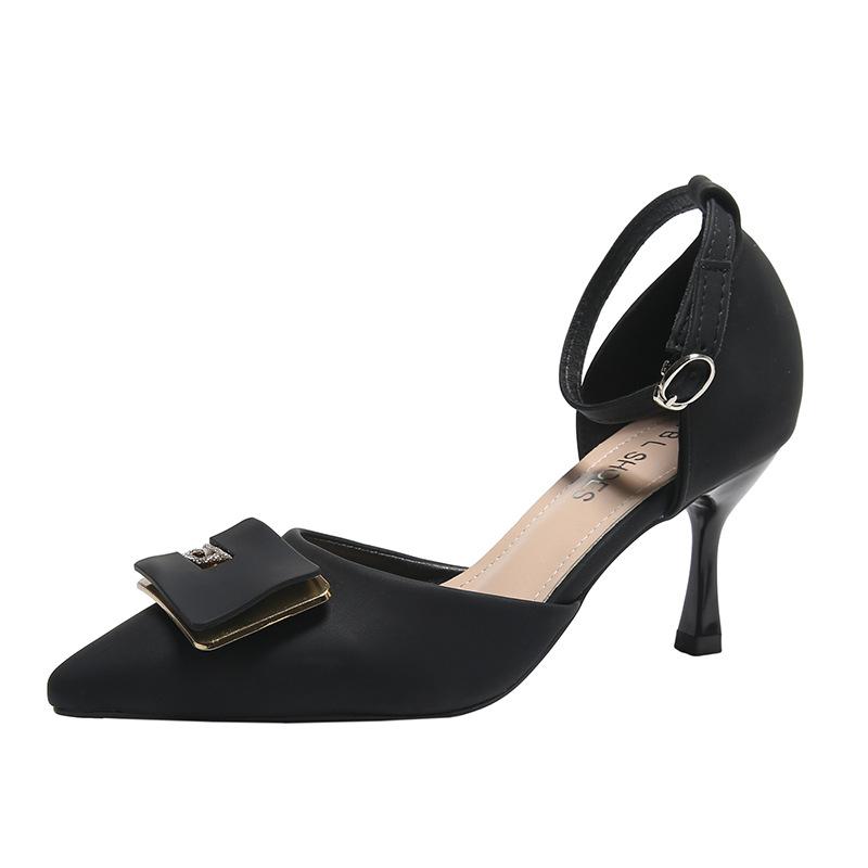 

In the summer of 2025, the new pointed back empty one-word buckle with high-heeled sandals for women, thin-heeled rhinestone square buckle sandals for 39