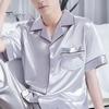 2Pcs/Set Men Pajamas Set Lapel Short Sleeve Buttons Placket Shirt Elastic Waist Wide Leg Long Pants Set Loose Fit Sleepwear