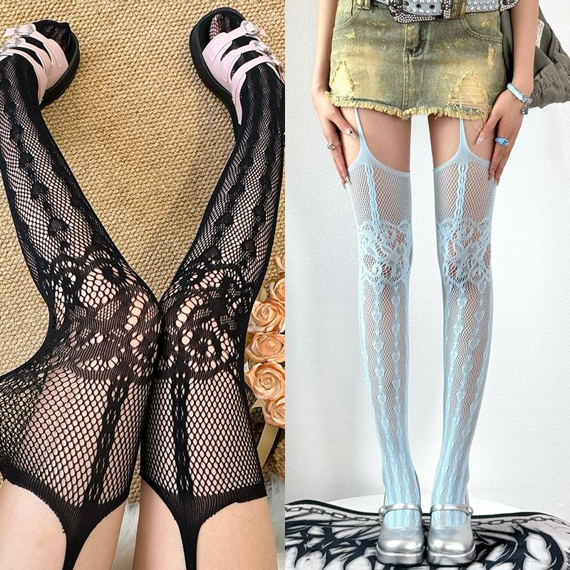 1/2 Pairs Y2K Style Fishnet Suspender Stockings Women Hollow Out Mesh Jacquard Garter Belt Tights Love Heart Pattern Jk