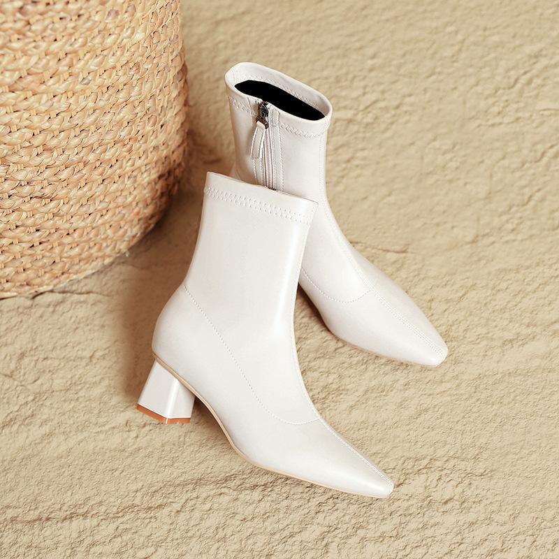 High-heeled short boots women's spring and autumn single boots 2025 new small square head thick heel thin boots brown French medium boots