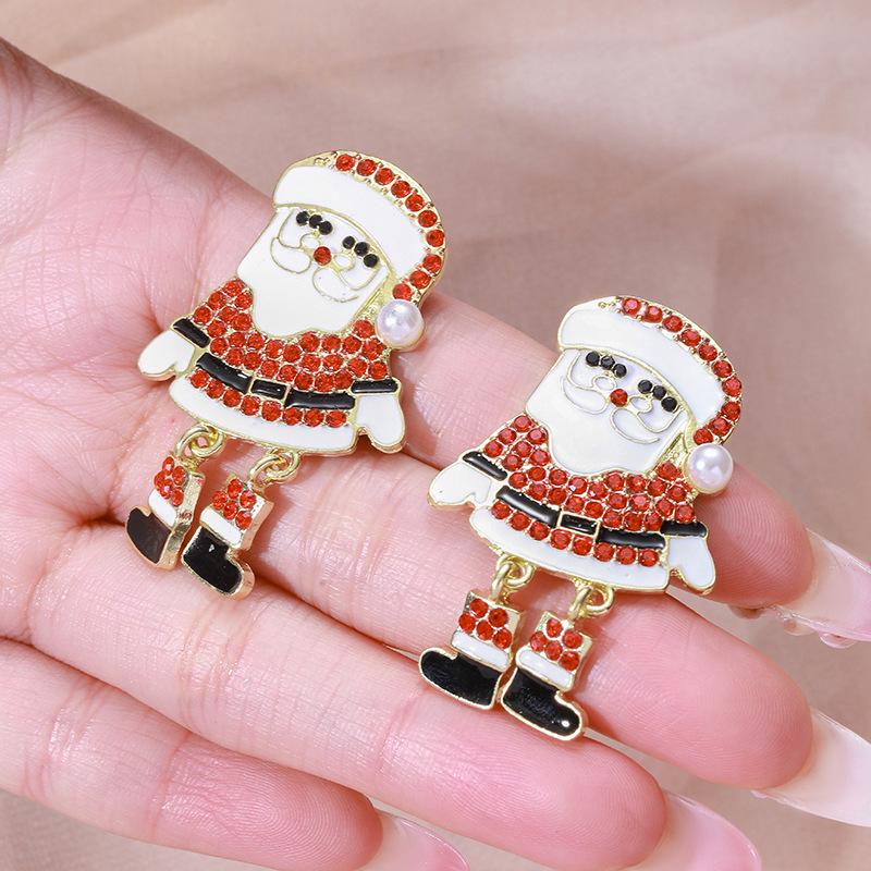 Cartoon Rhinestone Christmas Pendant Earrings - Alloy Material