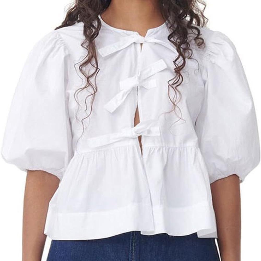 

O-neck Bow Tied Summer Shirts Hollow Out Short Puff Sleeve Blouse Slim Summer S чёрный