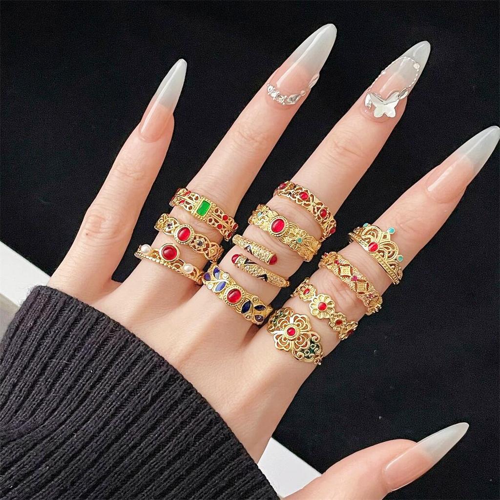 Gold Ethnic Style Retro Color Enamel Dripping Open Ring Fashion Pattern Medieval Exquisite High-End Ring