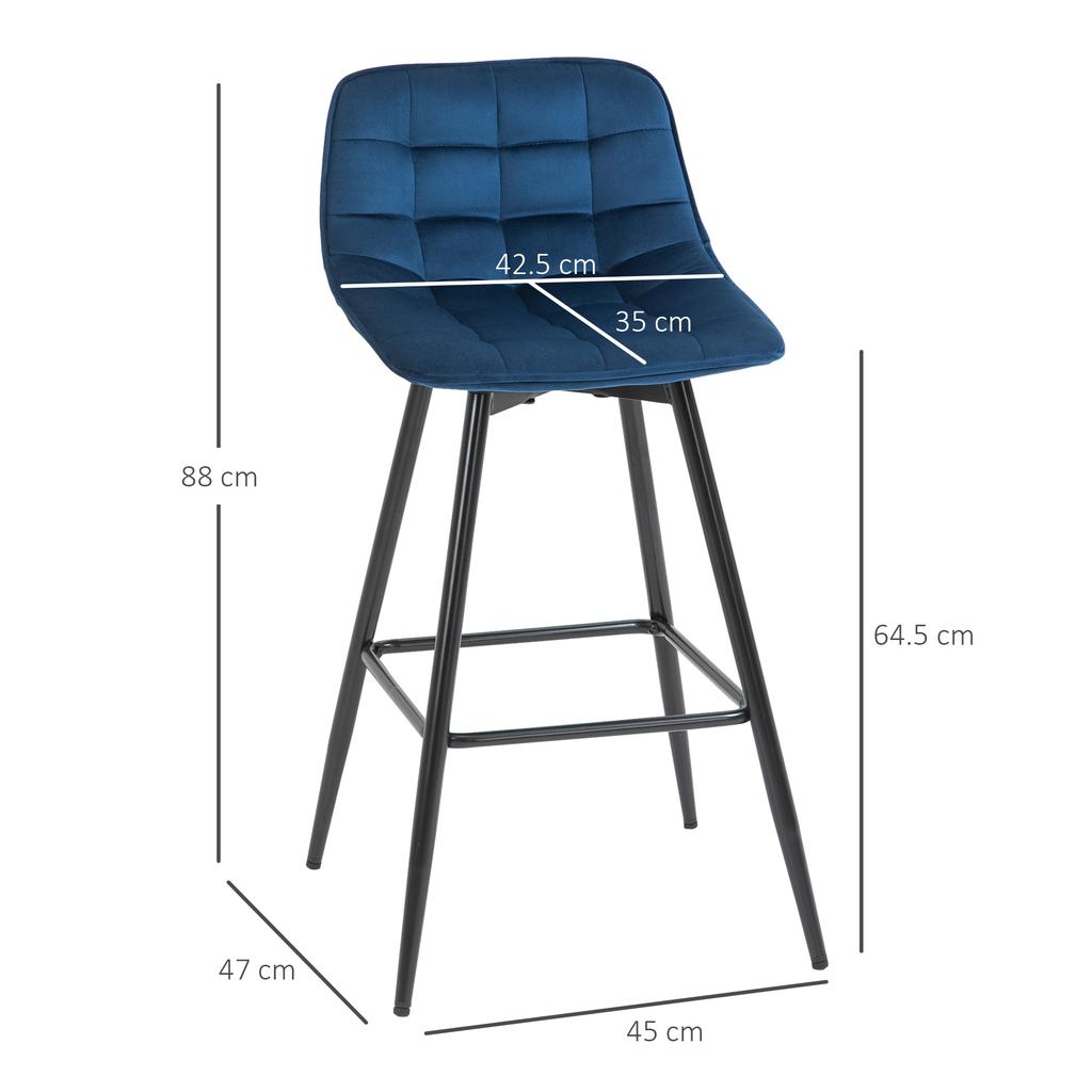 Set of 2 Tall Stools in Nordic Style with Backrest and Footrest, Kitchen Stools with Backrest in Velvet Effect Fabric and Metal, 45x47x88 cm, Blue