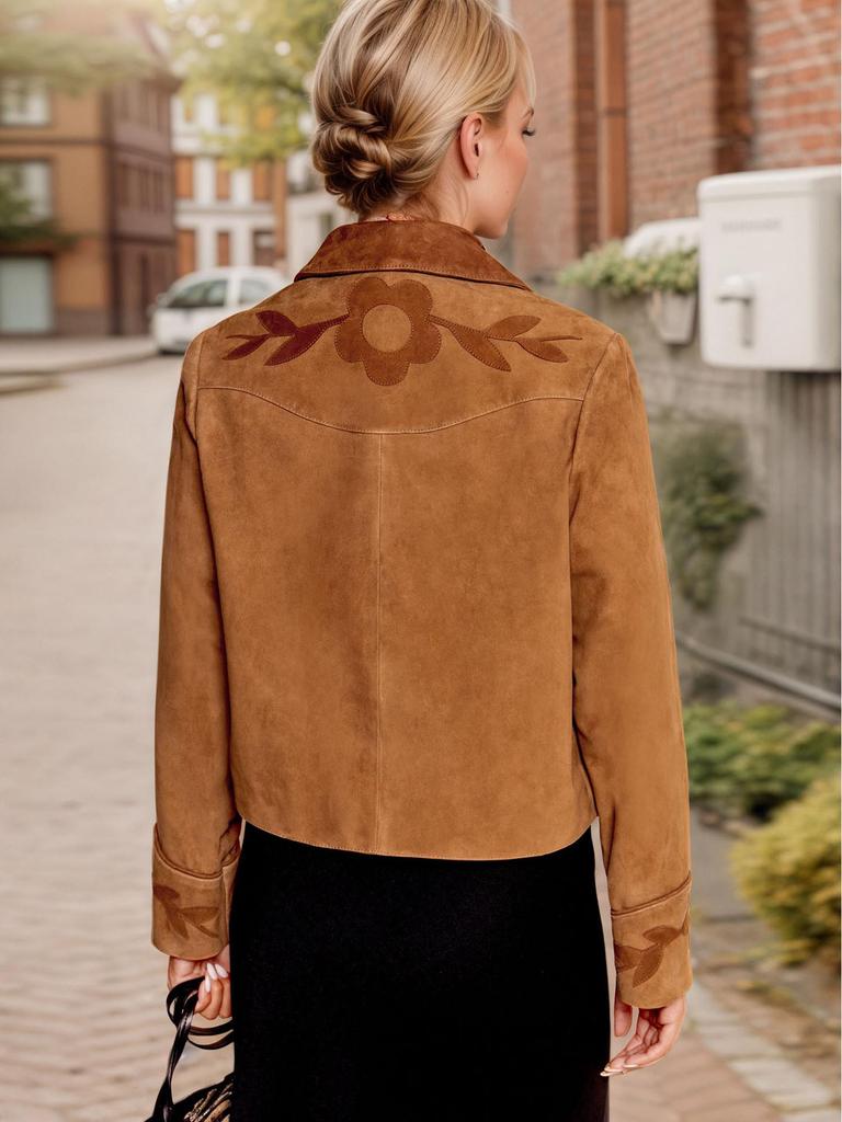 Retro Elegant Suede Flower Embellished Lapel Short Jacket