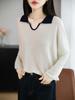 Women's French Retro Slim Fit Wool Knitwear with Color Block Lapel