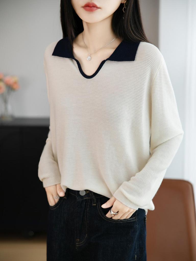 Women's French Retro Slim Fit Wool Knitwear with Color Block Lapel