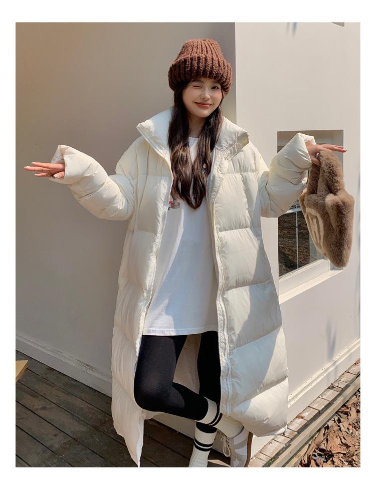 Women's Thick Padded Over-the-Knee Cotton Coat with Stand-Up Collar, Loose Fit, Plus Size, Long-Length Warm Outerwear.