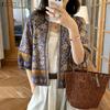 Boho-Print Damen Lässig Offen Vorne 3/4 Ärmel Locker Überwurf Bluse