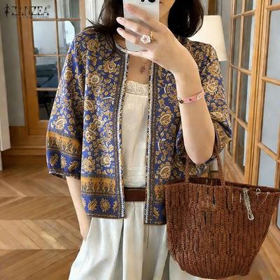 Bohemian Print Women Casual Open Front 3/4 Sleeve Loose Cover Up Blouse