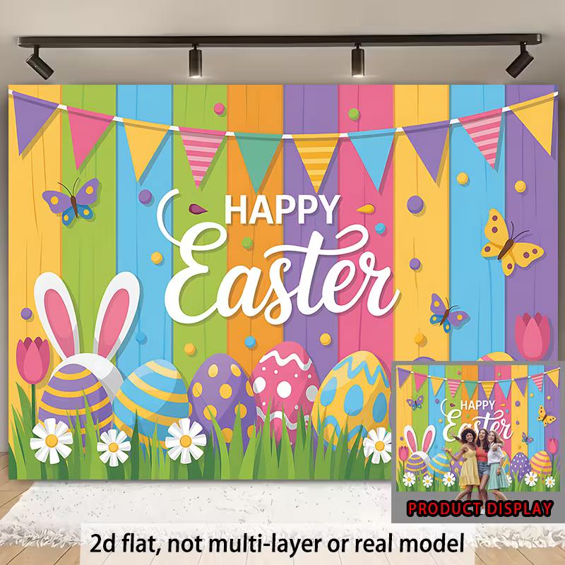 2D Floral Easter Background,  Happy Easter  Sign with Eggs & Butterflies Backdrop for Events 47.2x31.5inch/120*80cm