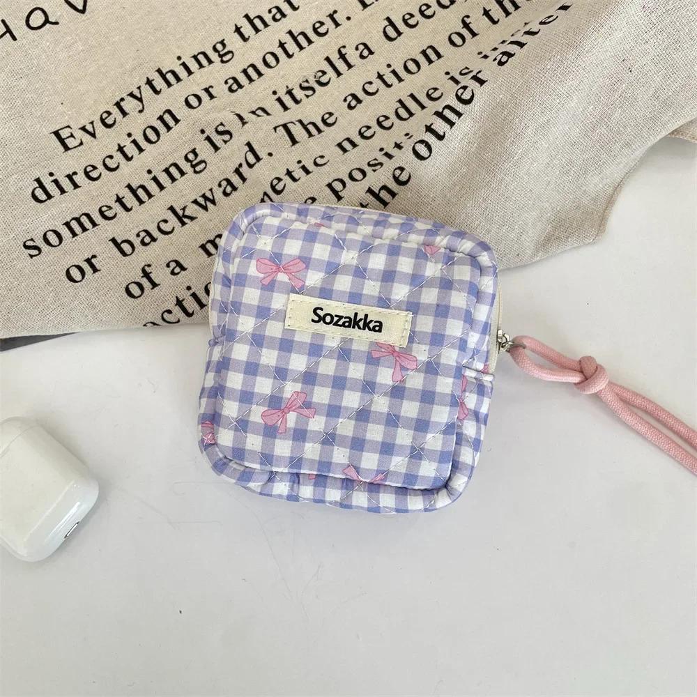 Large Capacity Plaid Bow Print Mini Cosmetic Bag Candy Color Makeup Sanitary Napkin Storage Cotton Cloth Small Item Bag