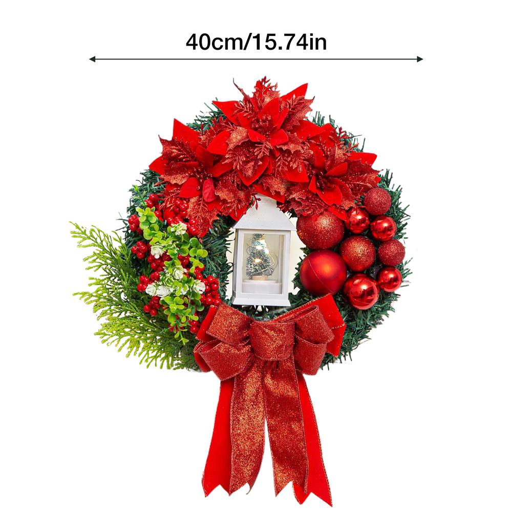 Christmas Wreath Decorative Wreath With Lamp Red Bow Berry Christmas Balls Lighted Artificial Wreaths For Wall Mantle Christmas