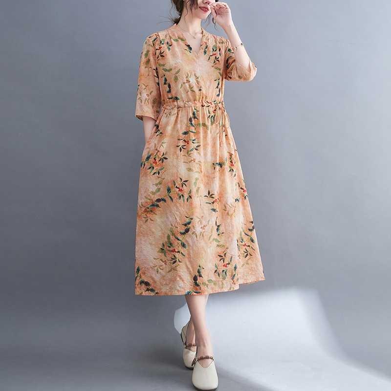 Plus Size V-ringad Långklänning Etniskt Tryckta Delade Ärmar Lös Midja Knytdetalj Klänningar