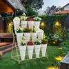 Flower Display Stand 3 Layers Metal Plant Stand with Wheels and Foot Brake 12pcs Tapered Plastic White Flower Pots
