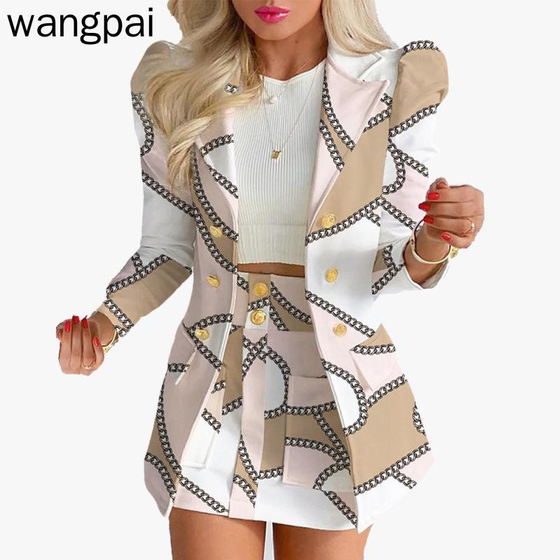 Zweiteiliges Set für Damen, Herbst und Winter, lässig, langärmelig, Anzugjacke, bedruckter Rock