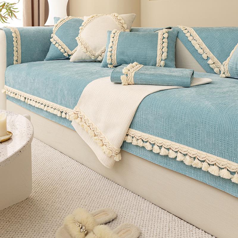 

Бежевая элитная диванная подушка из синели, универсальный простой чехол для четырех сезонов, нескользящий чехол для дивана, три места, одна императорская наложница, лето 70*70cm