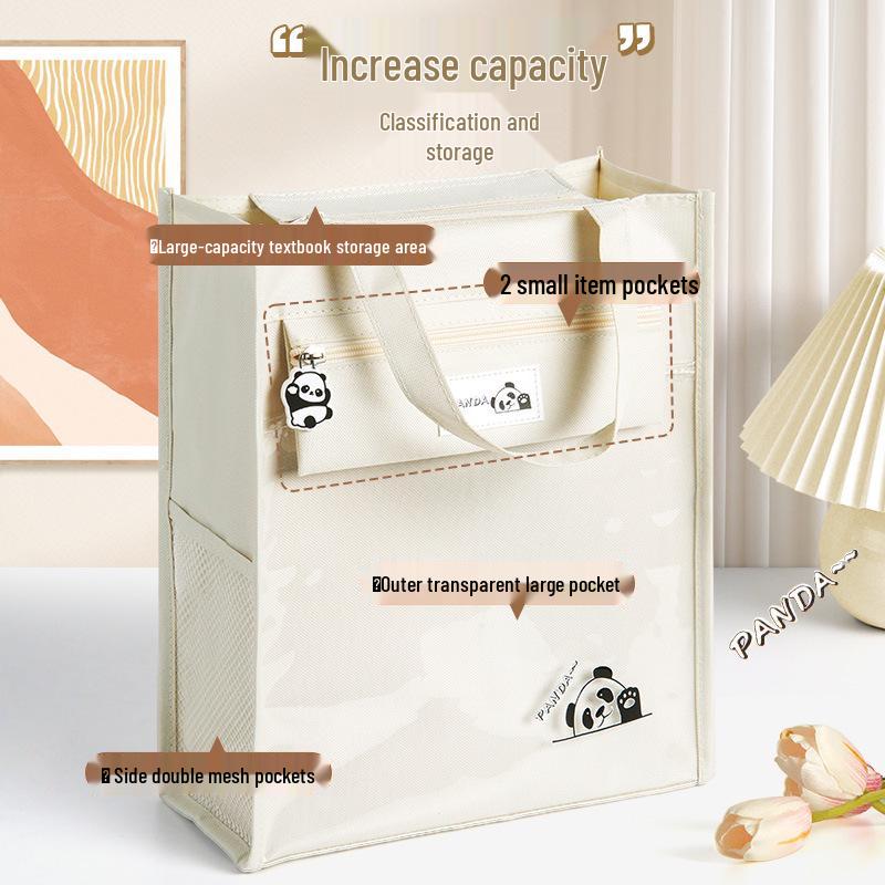 Panda Tutoring Bag: Transparent Canvas Handheld Book Bag for Kids with Extra Large Capacity