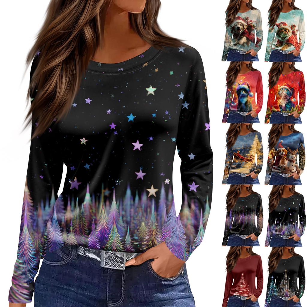 Women's Fashion Casual Slit Hem Round Neck Long Sleeve Loose Printed T-Shirt Ladies Top