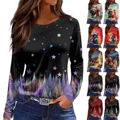 Women's Fashion Casual Slit Hem Round Neck Long Sleeve Loose Printed T-Shirt Ladies Top