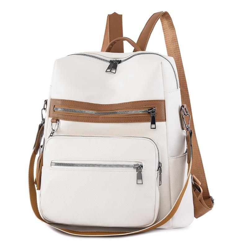 Contrast Color Women Soft Leather Tassel Backpack Simple Outdoor Travel Backpack