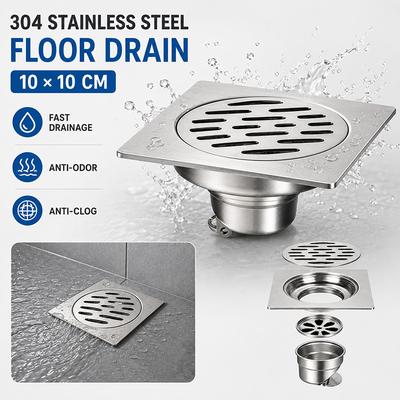 304 Stainless Steel Shower Floor Drain Square Bathroom Waste Grate Large Flow Anti Odor Hair Strainer Cesspit Cover Tile Ert