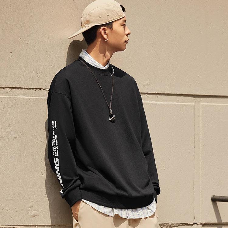 Li Ning Sports Lifestyle Series Letter Logo Printed Fleece Pullover Sweatshirt Unisex sweatshirt Black AWDTB37-2