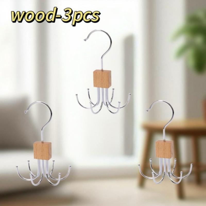 360° Rotating Storage Hanger Hook Multi-Claw Bag Metal Belts Rack Wooden Organizer for Bras Ties Scarves Household Closet