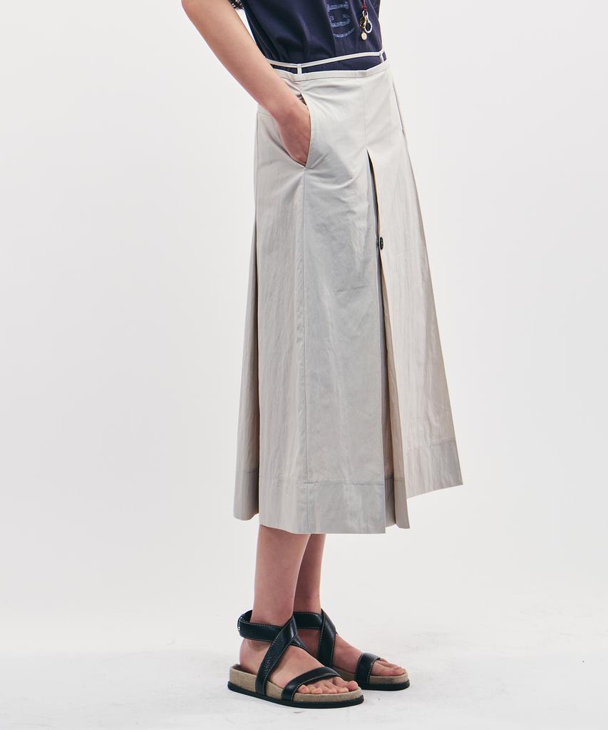City Breeze Cotton Pleated Belted Long Skirt_Light Grey