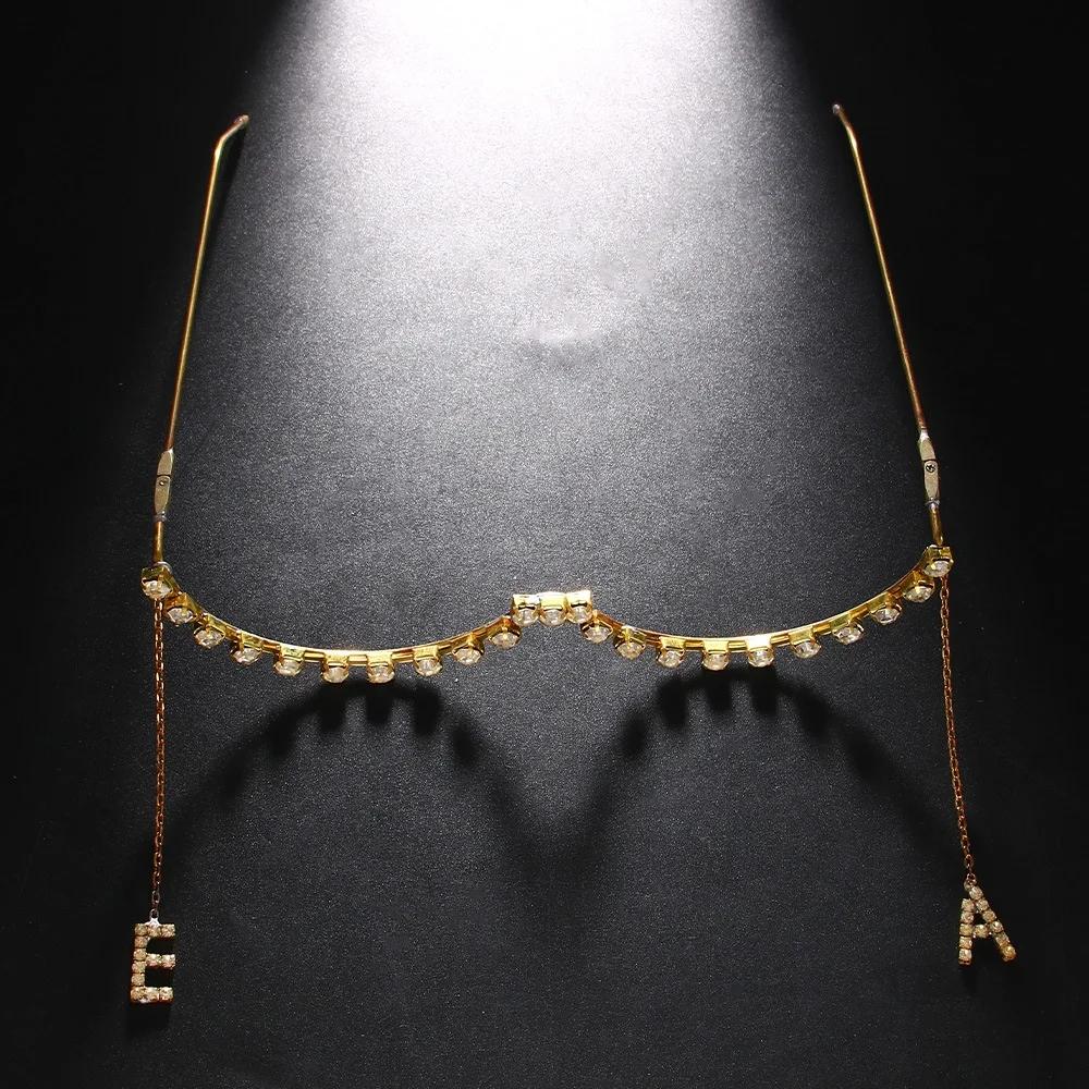 Letter E-A Tassel Eyeglass Frame No Lens Adjustable Jewelry Rave Designer Crystal Eyewear Frame Women Face Decoration