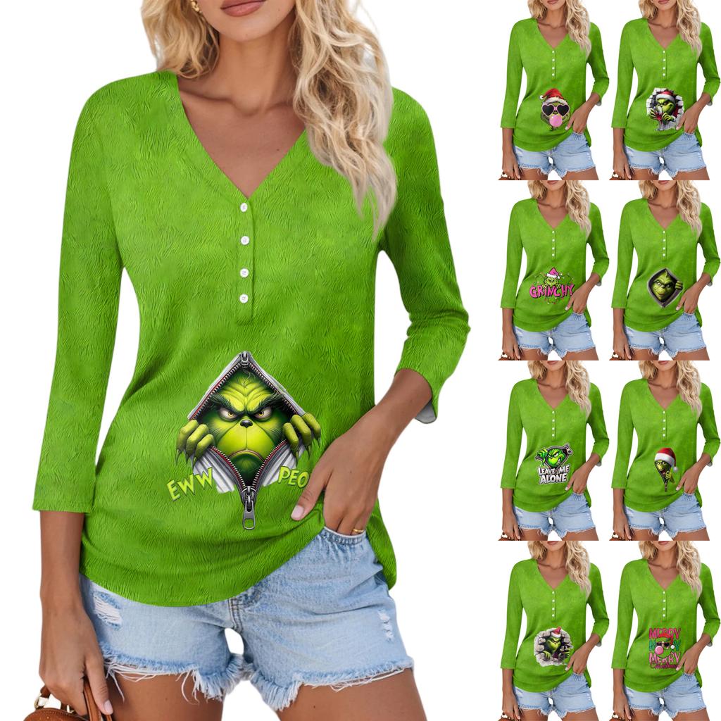 Women's Casual Fashion Sexy Comfortable Christmas Print V-Neck Button Three-quarter Sleeve Top