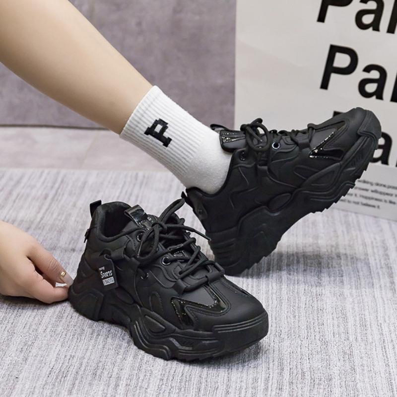 Versatile European and American Dad Shoes Women's 2024 New Thick Sole Black Soft Sole Sports Shoes Breathable Zapatos De Mujer